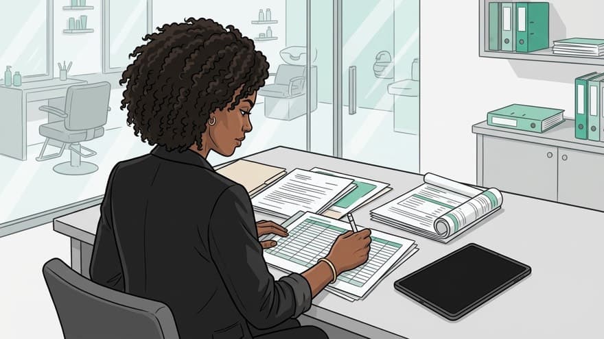 A salon owner at her desk working through the paperwork a lender asked for