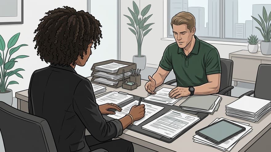 An advisor and a client at a desk covered in loan paperwork