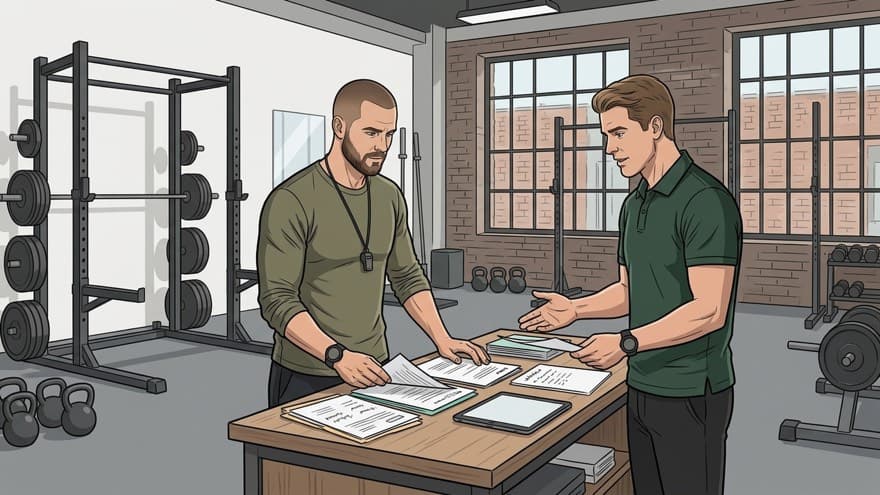 The banker and a gym owner comparing loan paperwork spread across a workbench