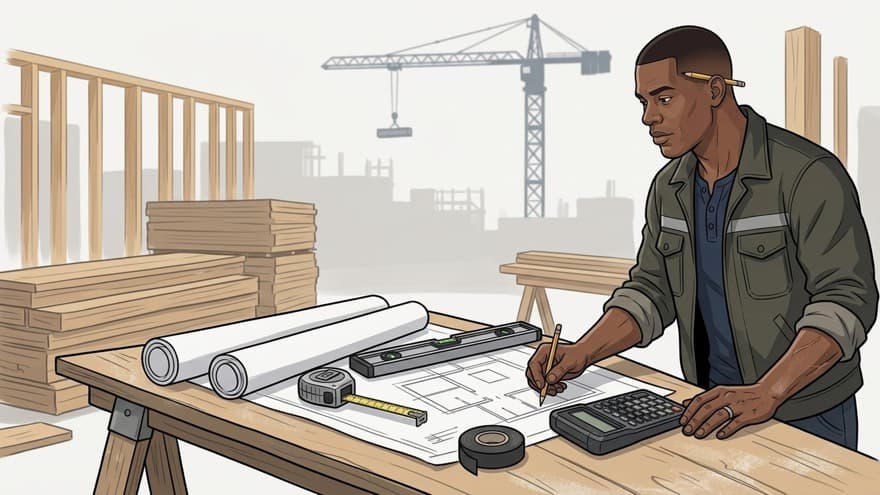 A contractor at a worktable with plans and a calculator