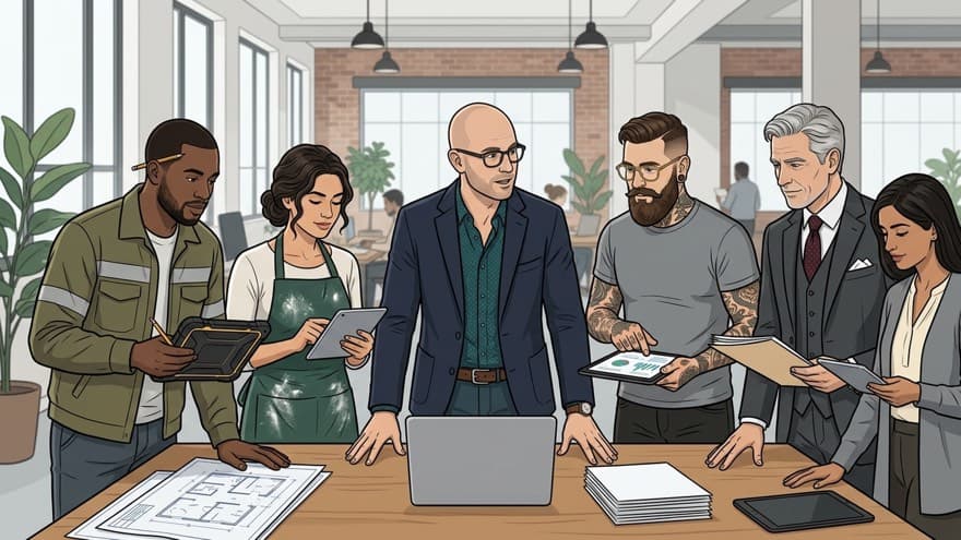 The banker at a table with a contractor, a chef, a broker, an executive, and an accountant
