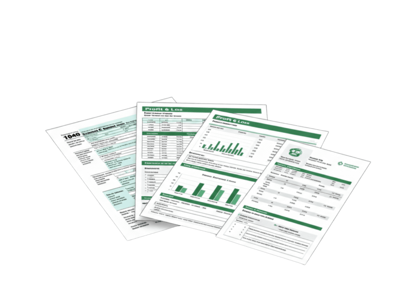 Business financial documents including tax returns, profit and loss statements, and financial reports