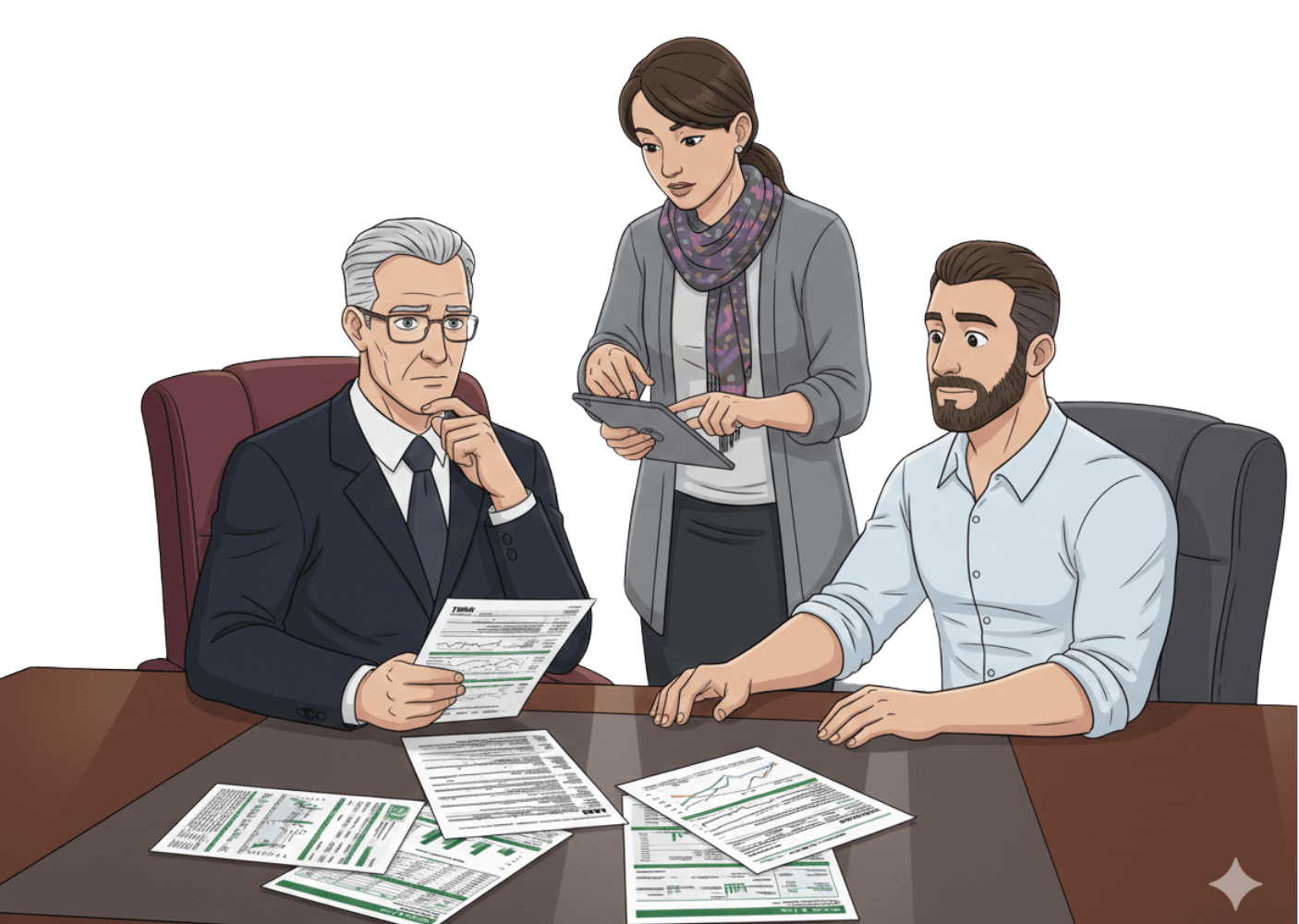 Lender and business owner reviewing financial documents together during loan evaluation